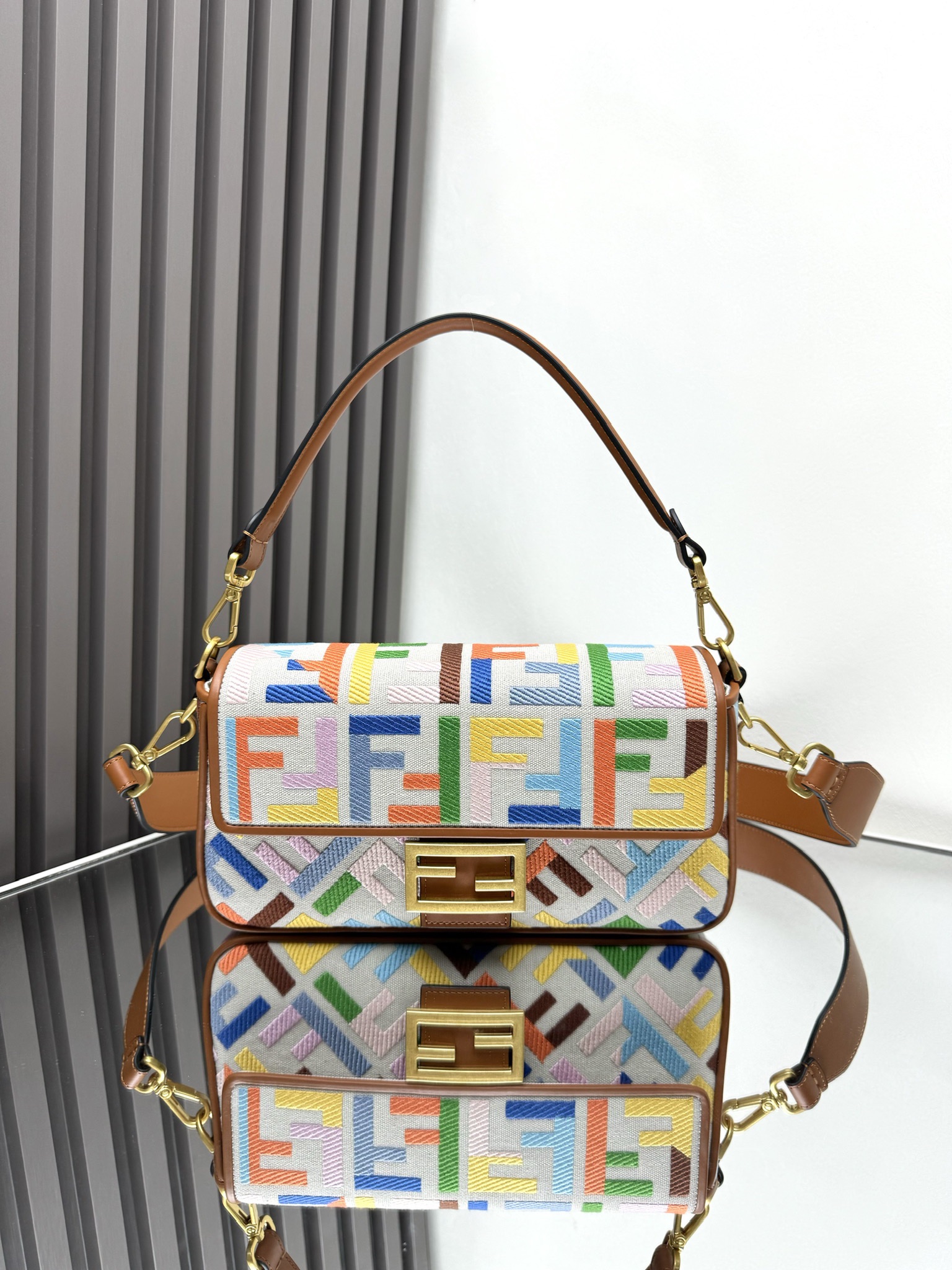 Fendi Medium Baguette FF Canvas Embroidery Shoulder Bag Multicolor/Brown